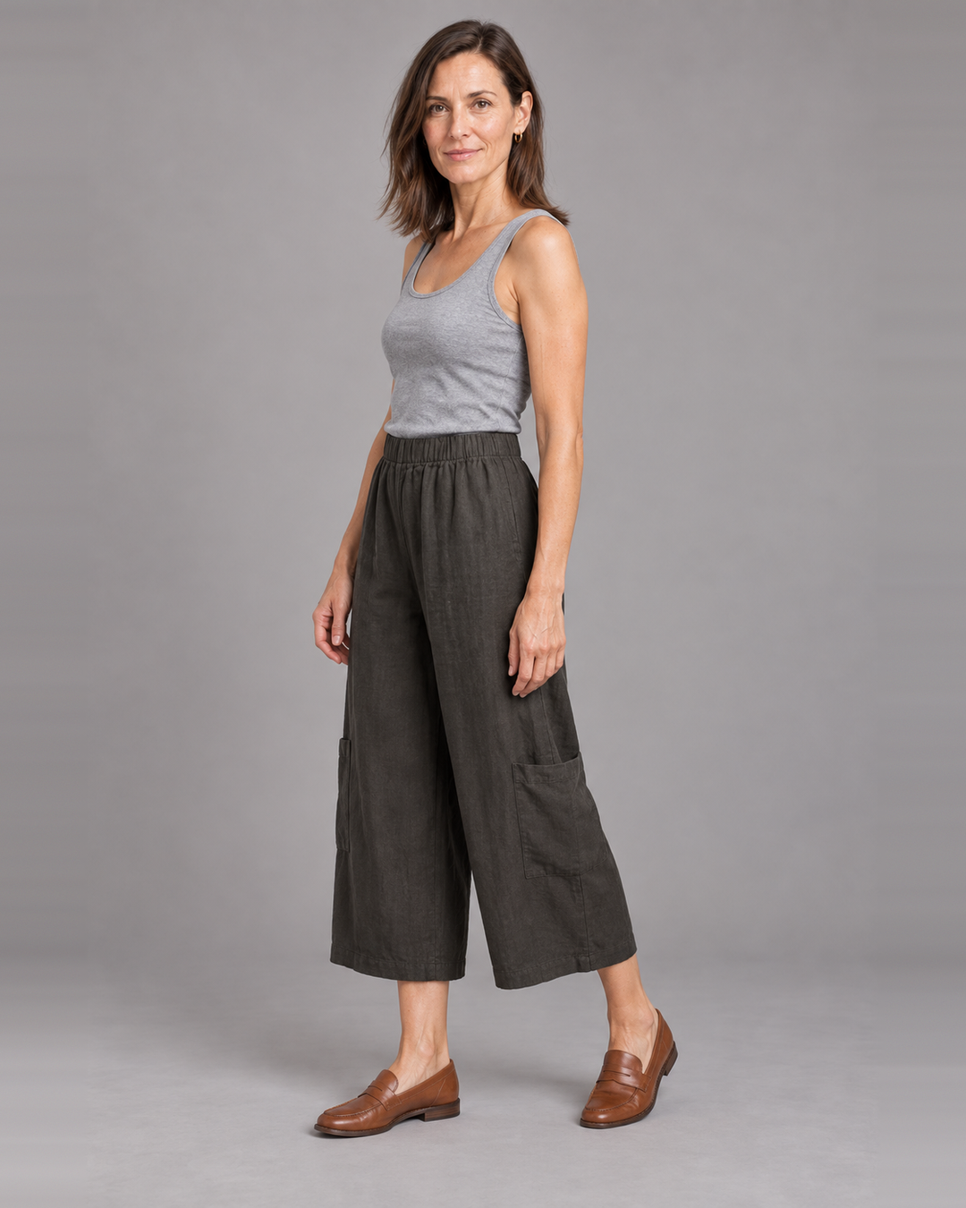 Bryn Walker Casbah Pant in Kelp, light linen, front view on model