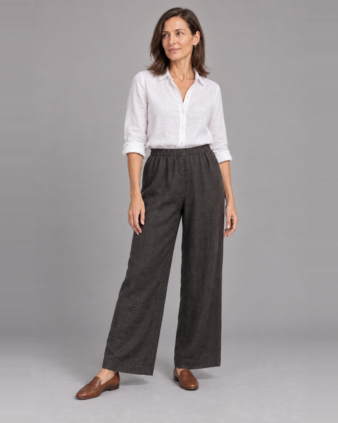 Bryn Walker Osca Pant in Kelp, light linen, front view on model