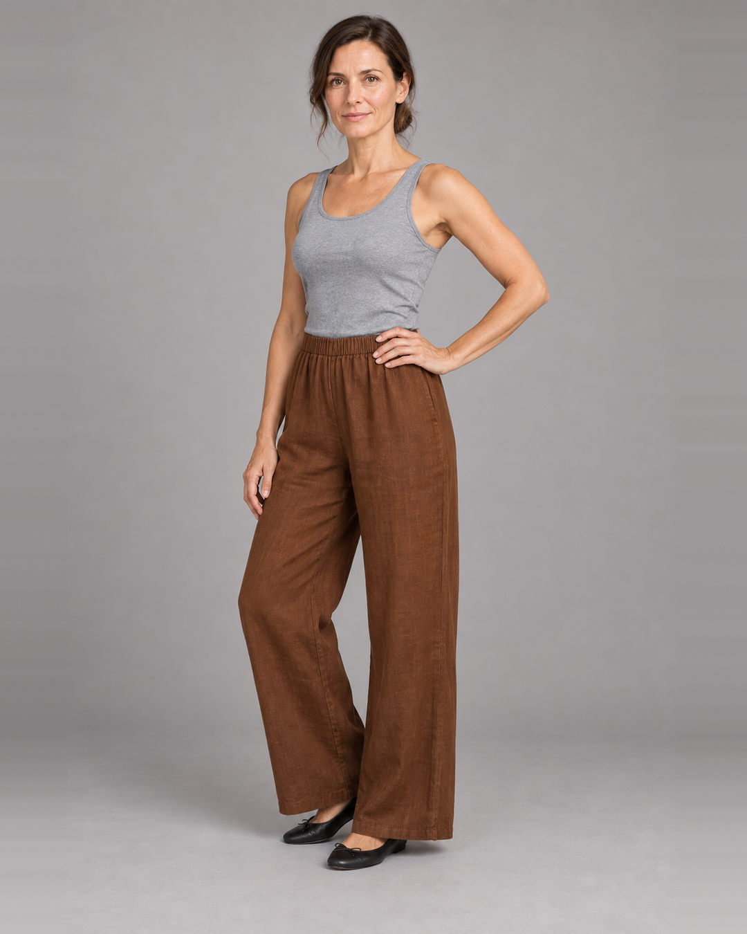 Bryn Walker Osca Pant in Pinecone, light linen, front view on model