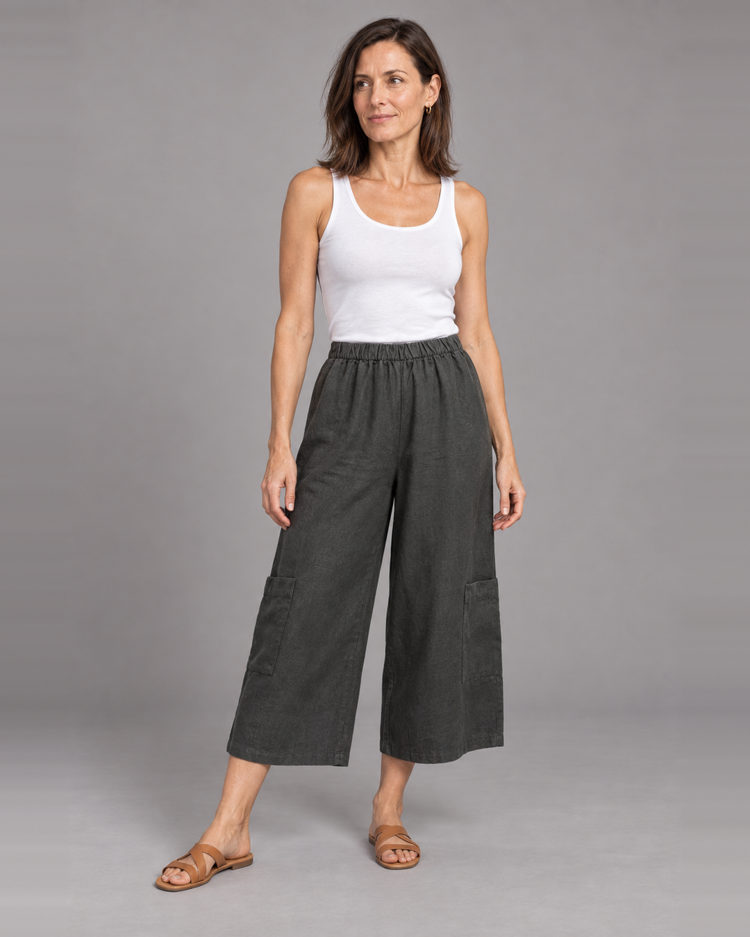 Bryn Walker Casbah Pant in kelp, heavy linen, front view on model