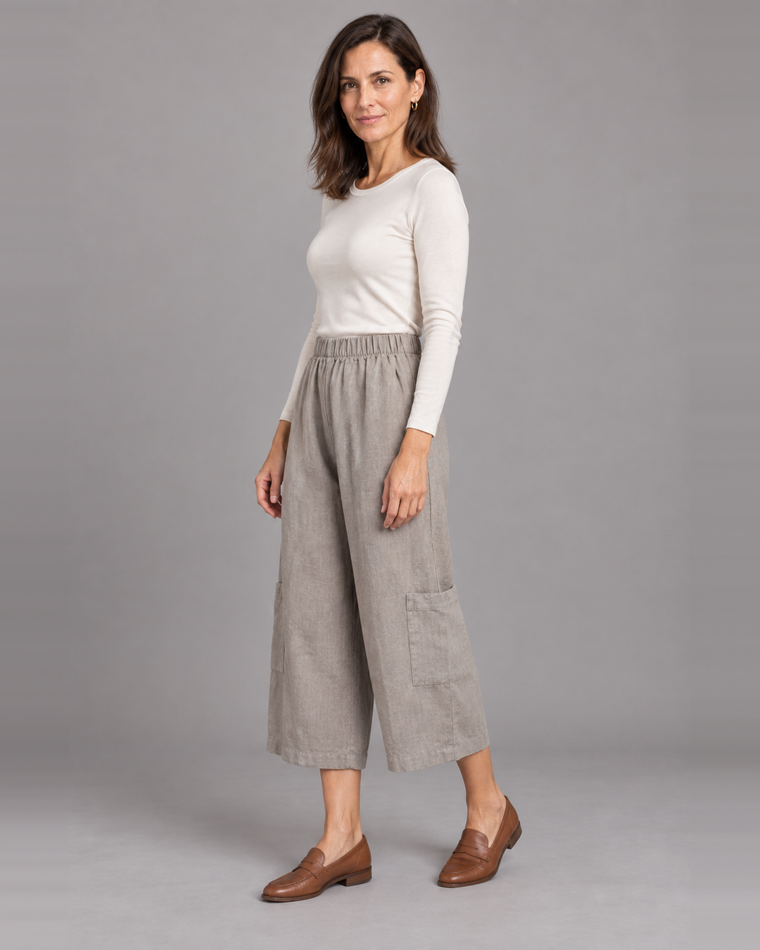 Bryn Walker Casbah Pant in sandpiper, heavy linen, front view on model