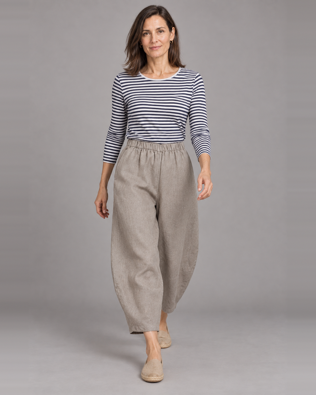 Bryn Walker Oliver Pant in Sandpiper, heavy linen, front view on model