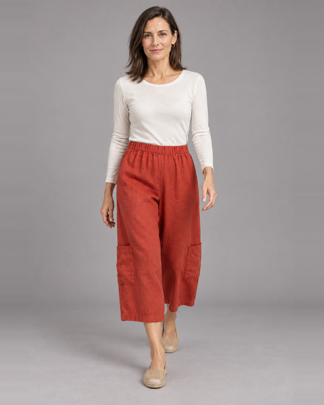 Bryn Walker Casbah Pant in Uni, heavy linen, front view on model