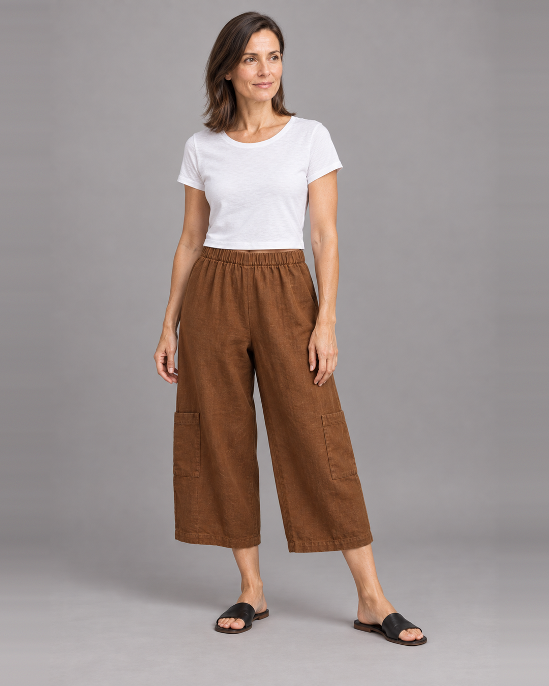 Bryn Walker Casbah Pant in Pinecone, heavy linen, front view on model