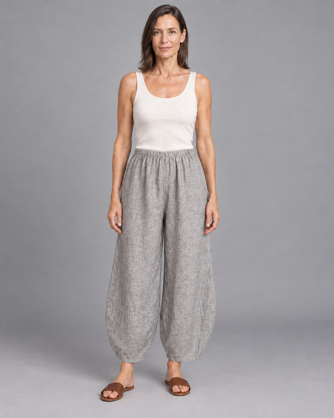 Bryn Walker Oliver Pant in Radda, cross dyed linen, front view on model