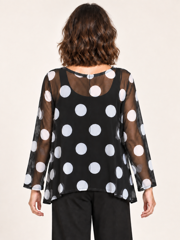 Back view, Kozan Mila Topper in Dalmatian, black and white polka dot mesh