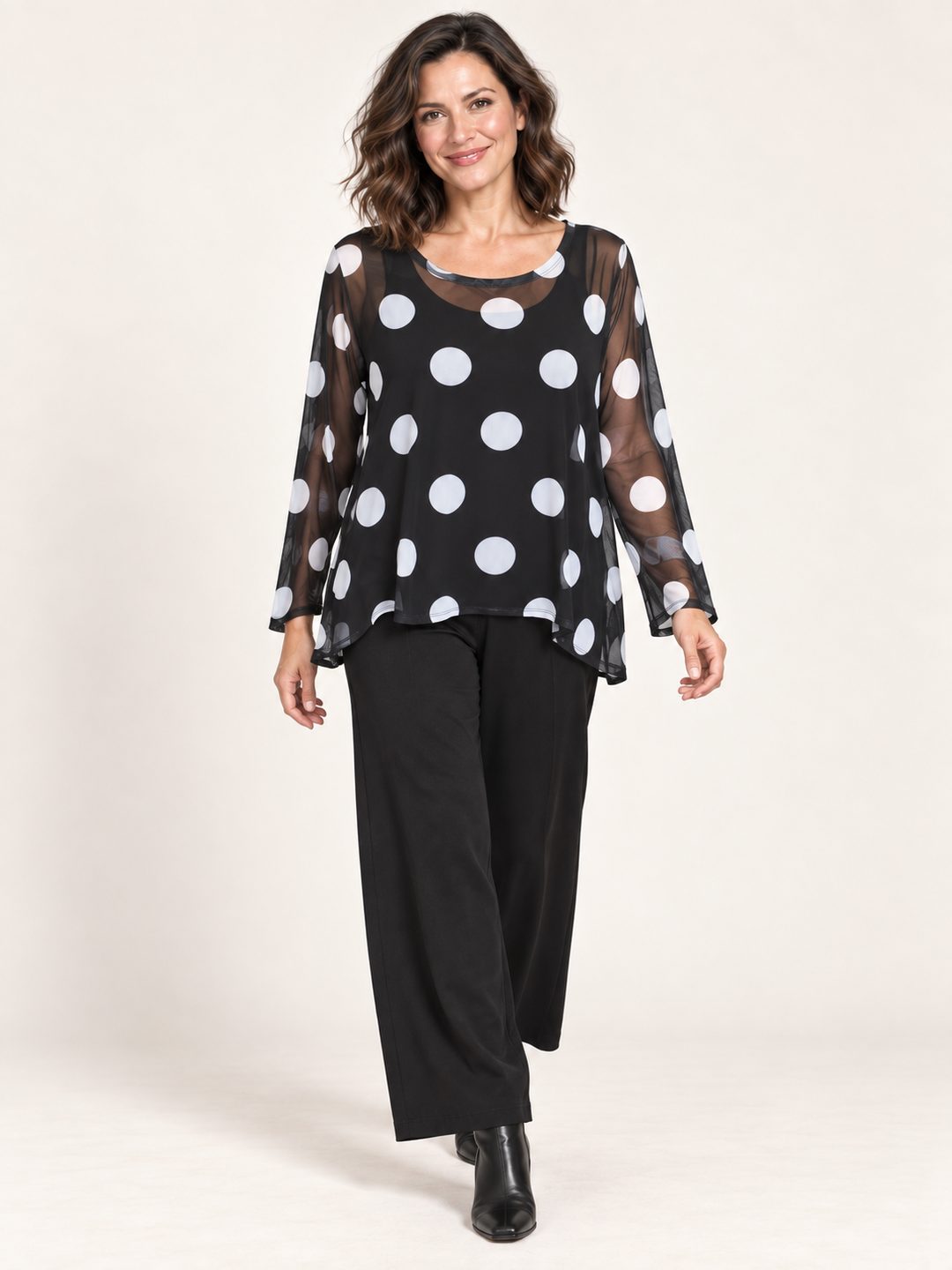 Kozan Mila Topper in Dalmatian, black and white polka dot mesh, wide round neck, A line hem