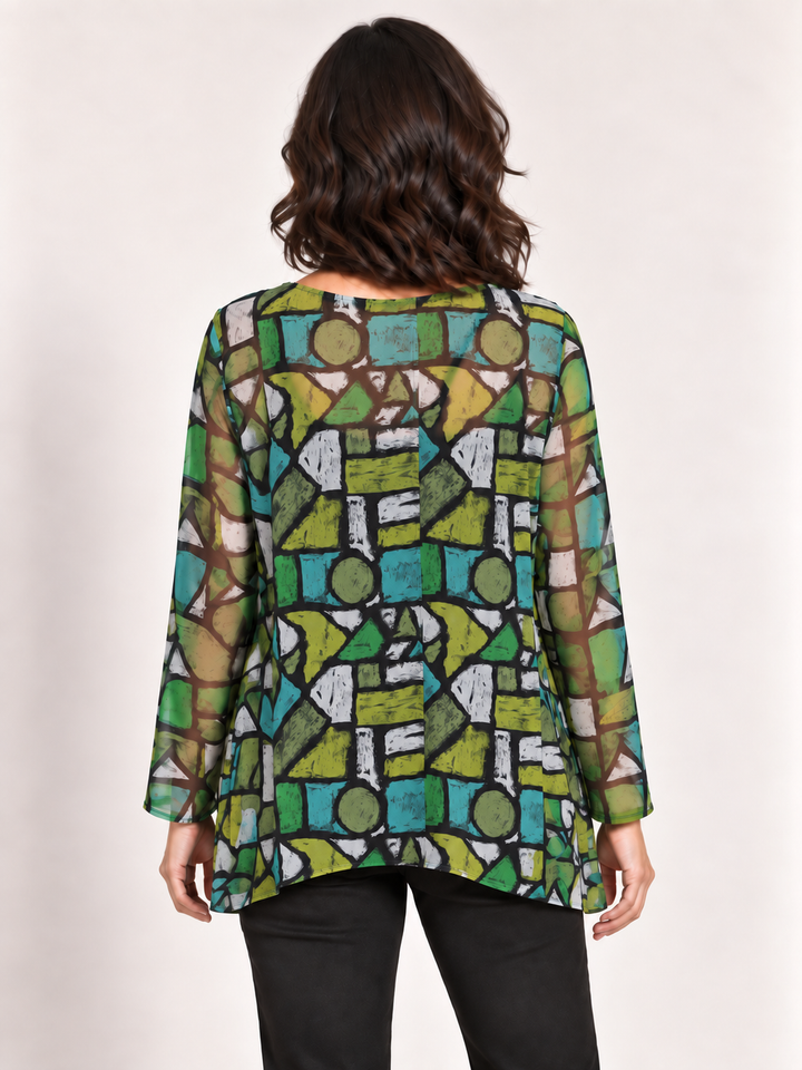 Back view, Kozan Mila Topper in Element, green and teal mosaic print mesh