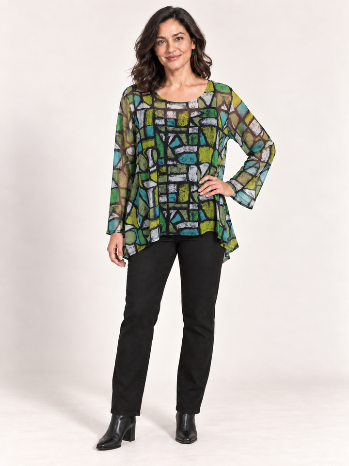 Kozan Mila Topper in Element, green and teal mosaic print mesh, wide round neck, A line hem