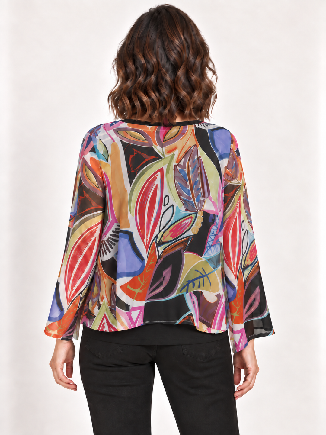 Back view, Kozan Mila Topper in Leaf, vivid multicolor botanical print mesh