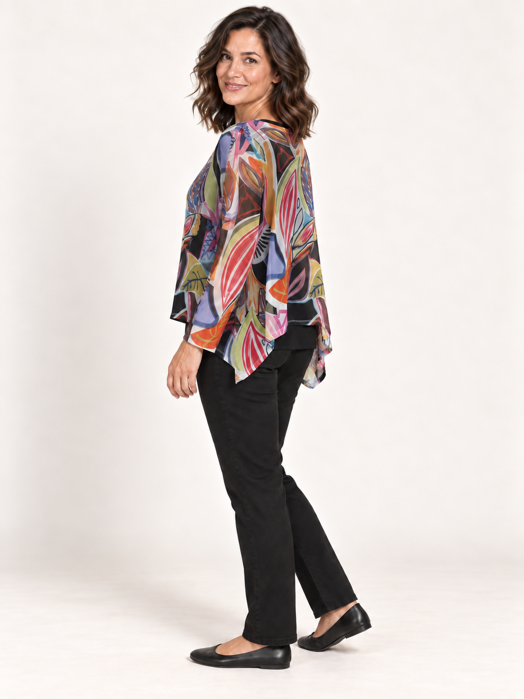 Kozan Mila Topper in Leaf, vivid multicolor botanical print mesh, wide round neck, A line hem