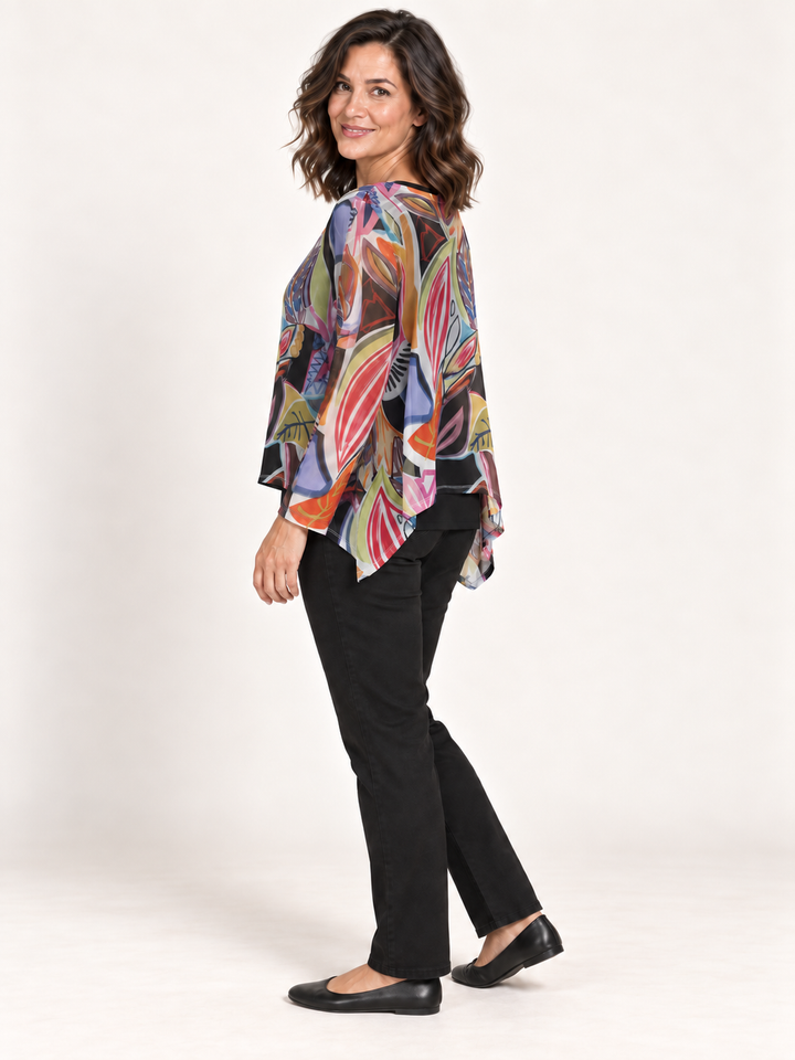 Kozan Mila Topper in Leaf, vivid multicolor botanical print mesh, wide round neck, A line hem