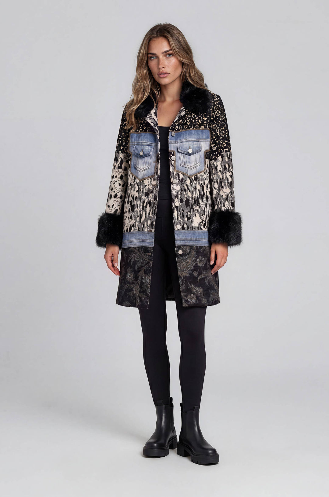 Adore Mixed Media Faux Fur Trim Jacket detail view