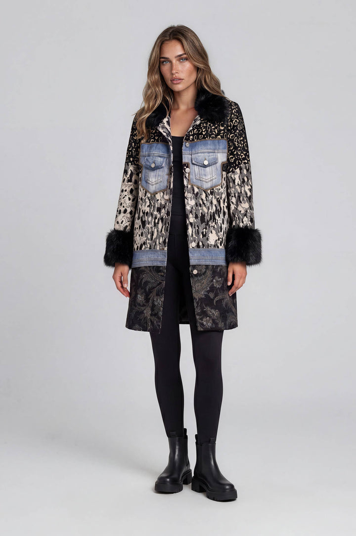 Adore Mixed Media Faux Fur Trim Jacket detail view