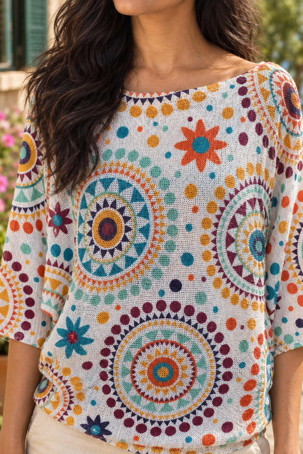 Boutique Karma Confetti Mandala Knit Pullover in Confetti, print detail on model