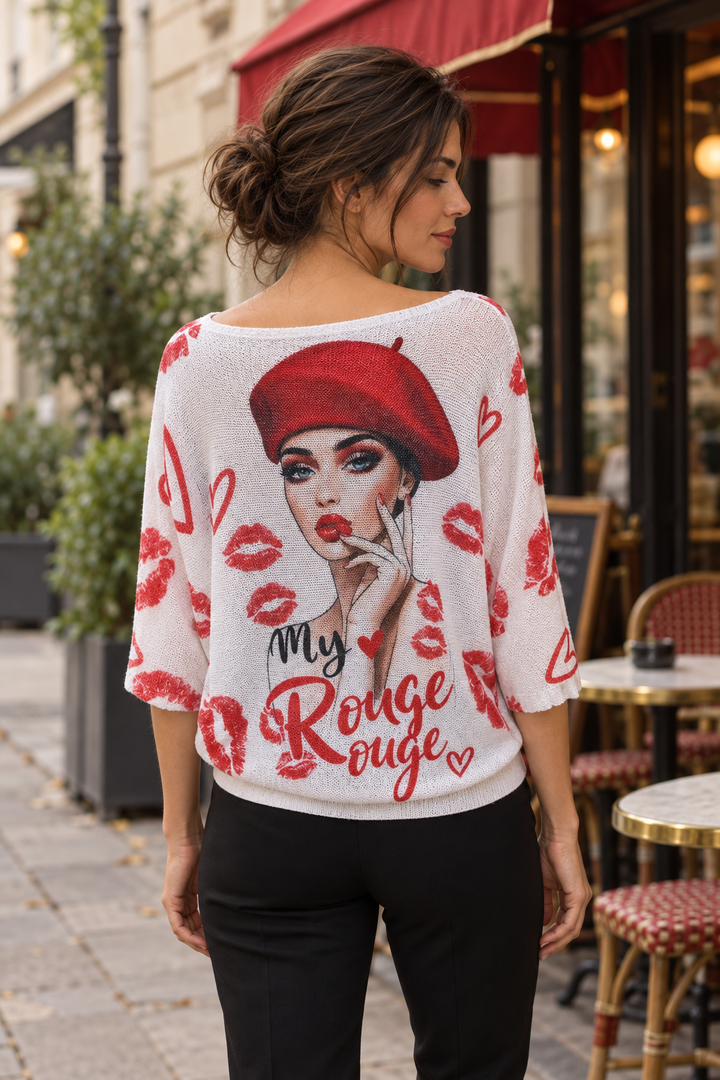 Boutique Karma My Rouge Portrait Knit Pullover in Rouge, back view on model