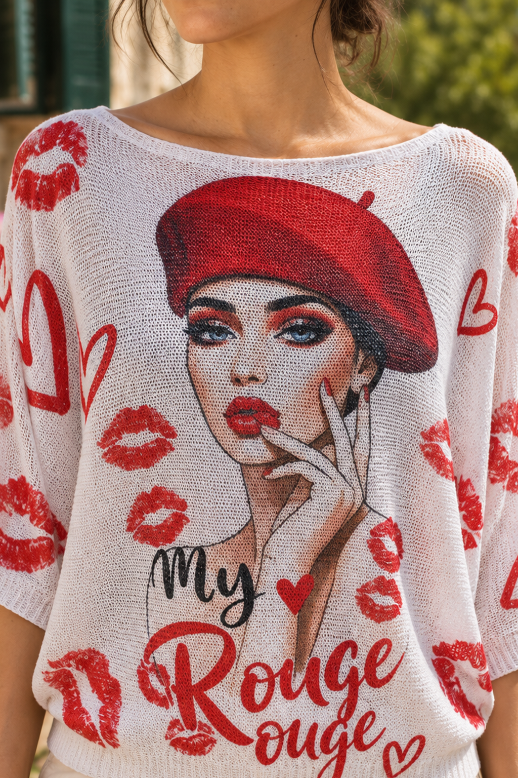 Boutique Karma My Rouge Portrait Knit Pullover in Rouge, print detail on model
