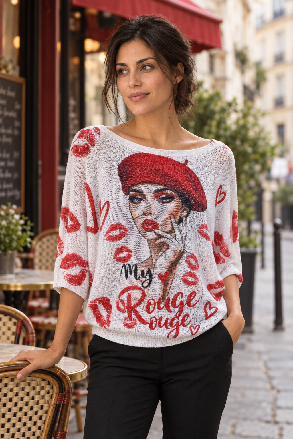 Boutique Karma My Rouge Portrait Knit Pullover in Rouge, front view on model