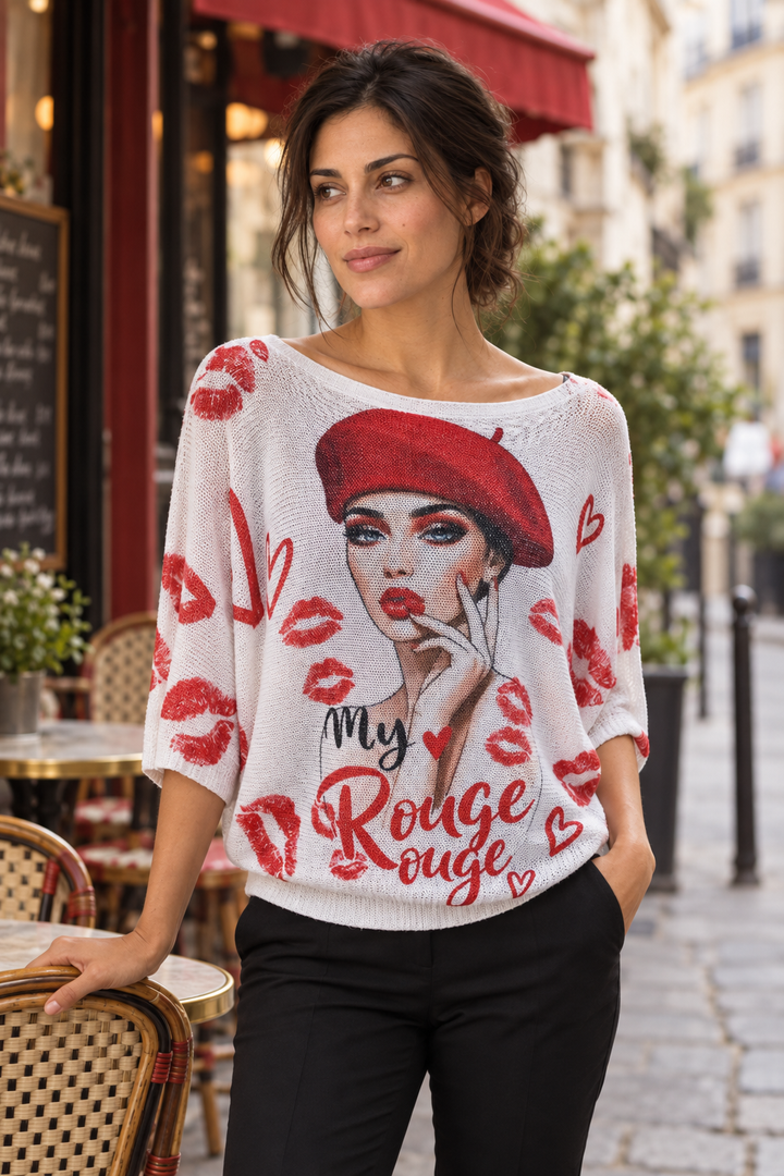 Boutique Karma My Rouge Portrait Knit Pullover in Rouge, front view on model