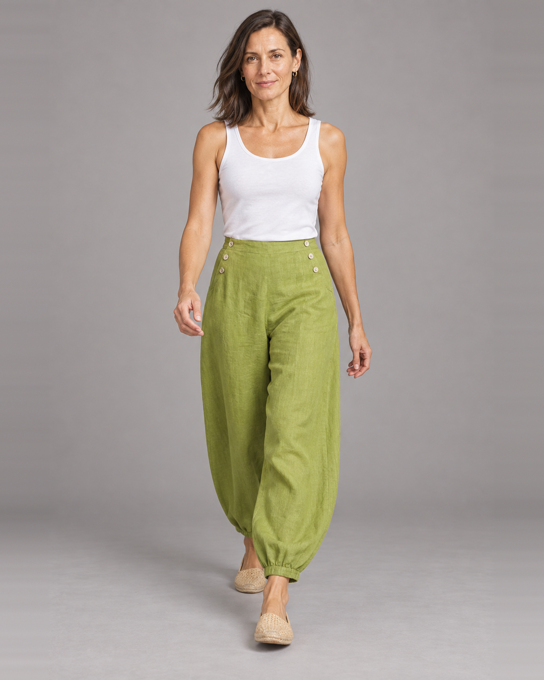 Bryn Walker Genie Pant in Lacewing, light linen, front view on model