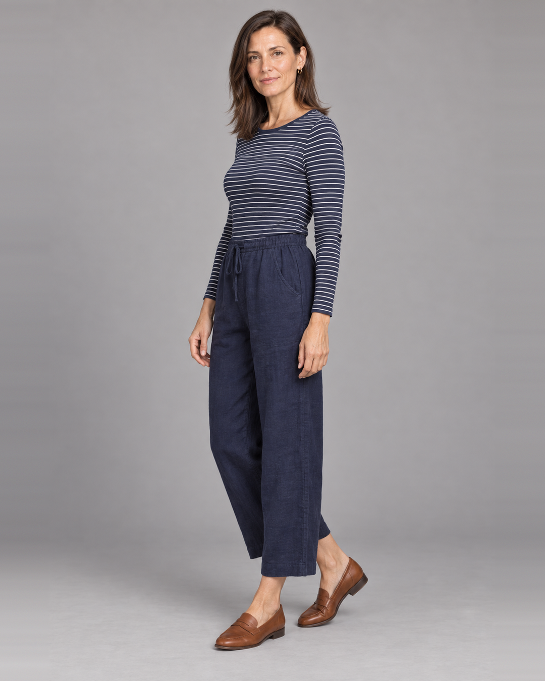 Bryn Walker Saba Pant in Stargaze, light linen, front view on model