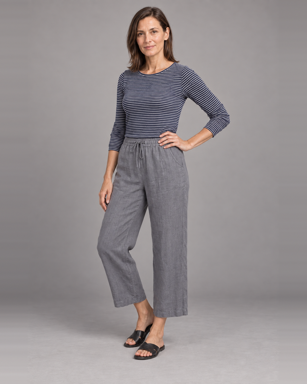 Bryn Walker Saba Pant in Zinc, light linen, front view on model
