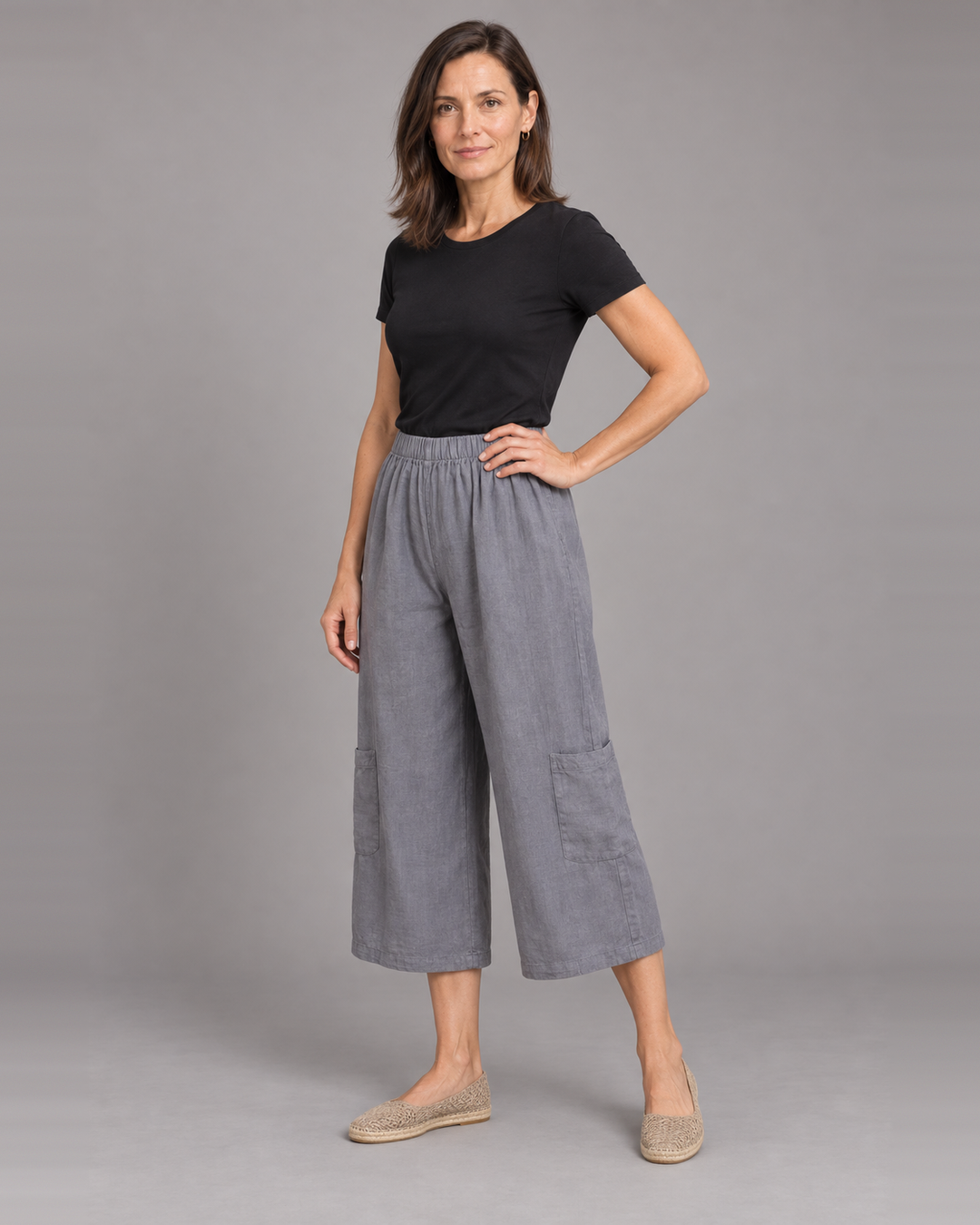 Bryn Walker Casbah Pant in Zinc, light linen, front view on model