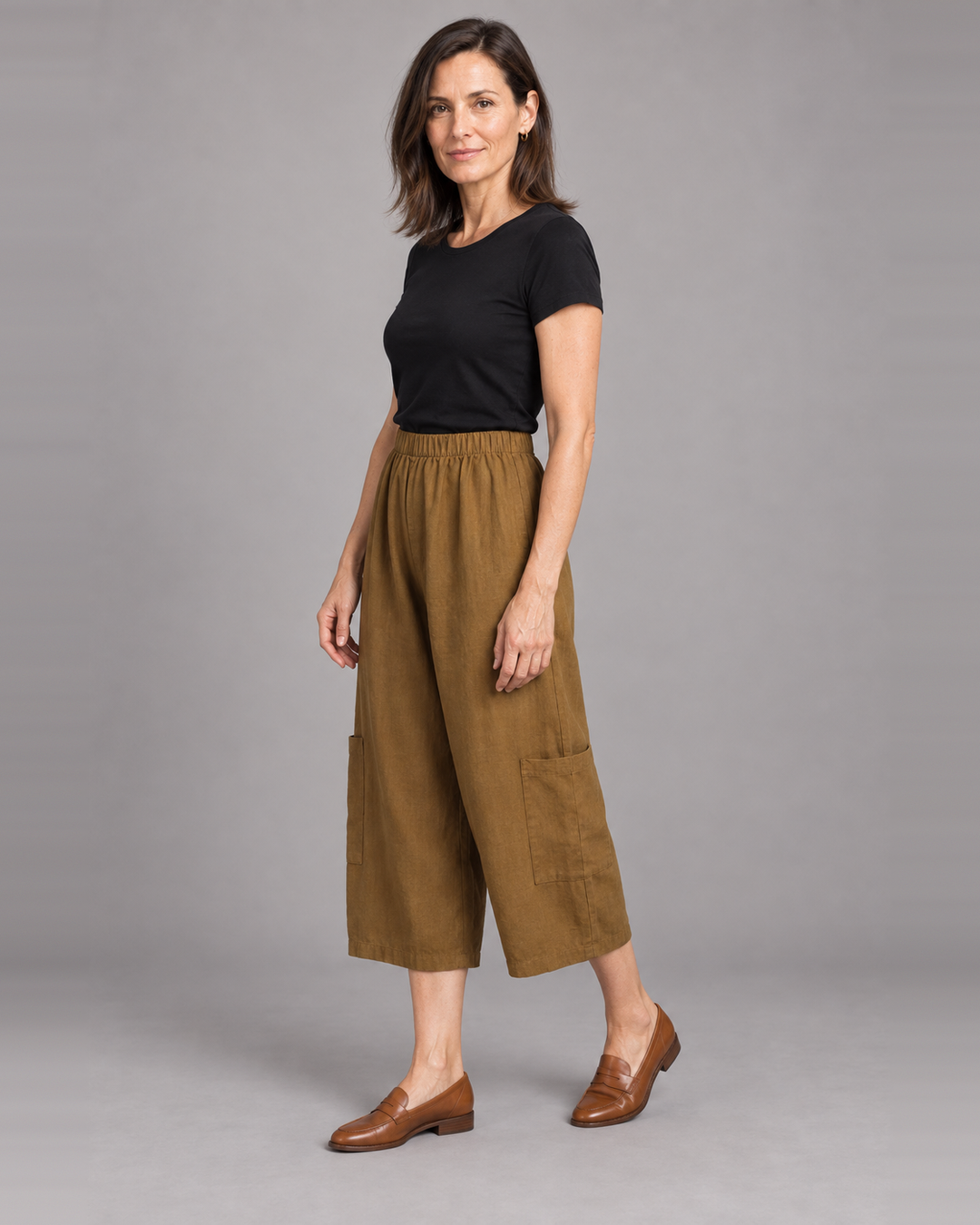 Bryn Walker Casbah Pant in Quinquina, light linen, front view on model
