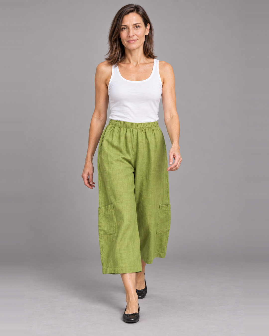 Bryn Walker Casbah Pant in Lacewing, light linen, front view on model