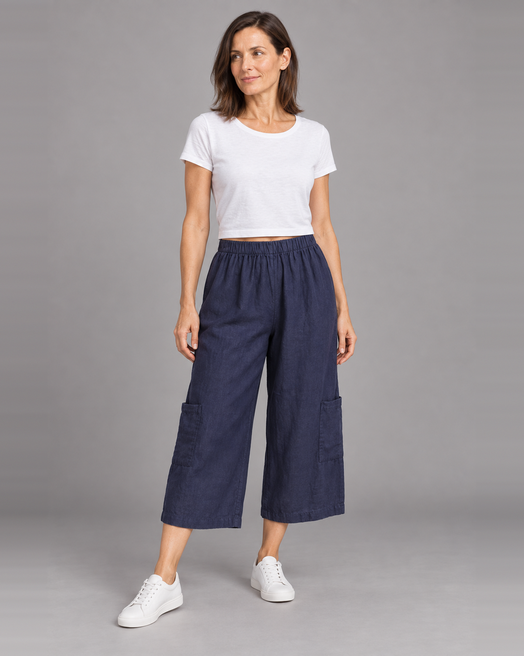 Bryn Walker Casbah Pant in Stargaze, light linen, front view on model