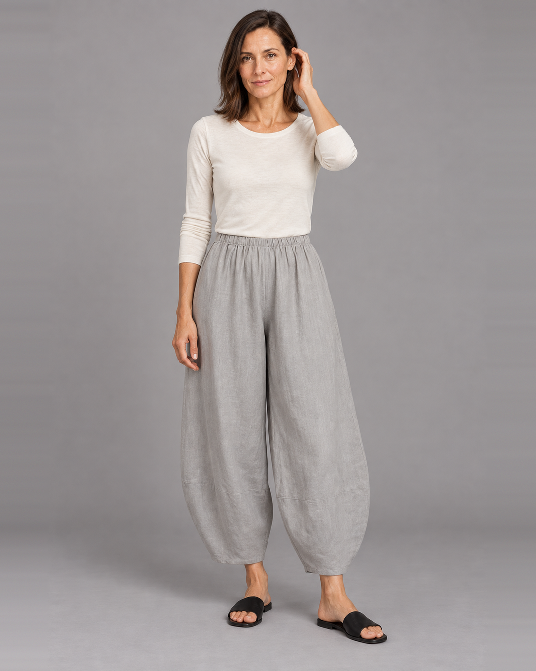 Bryn Walker Oliver Pant in Nebbia, light linen, front view on model