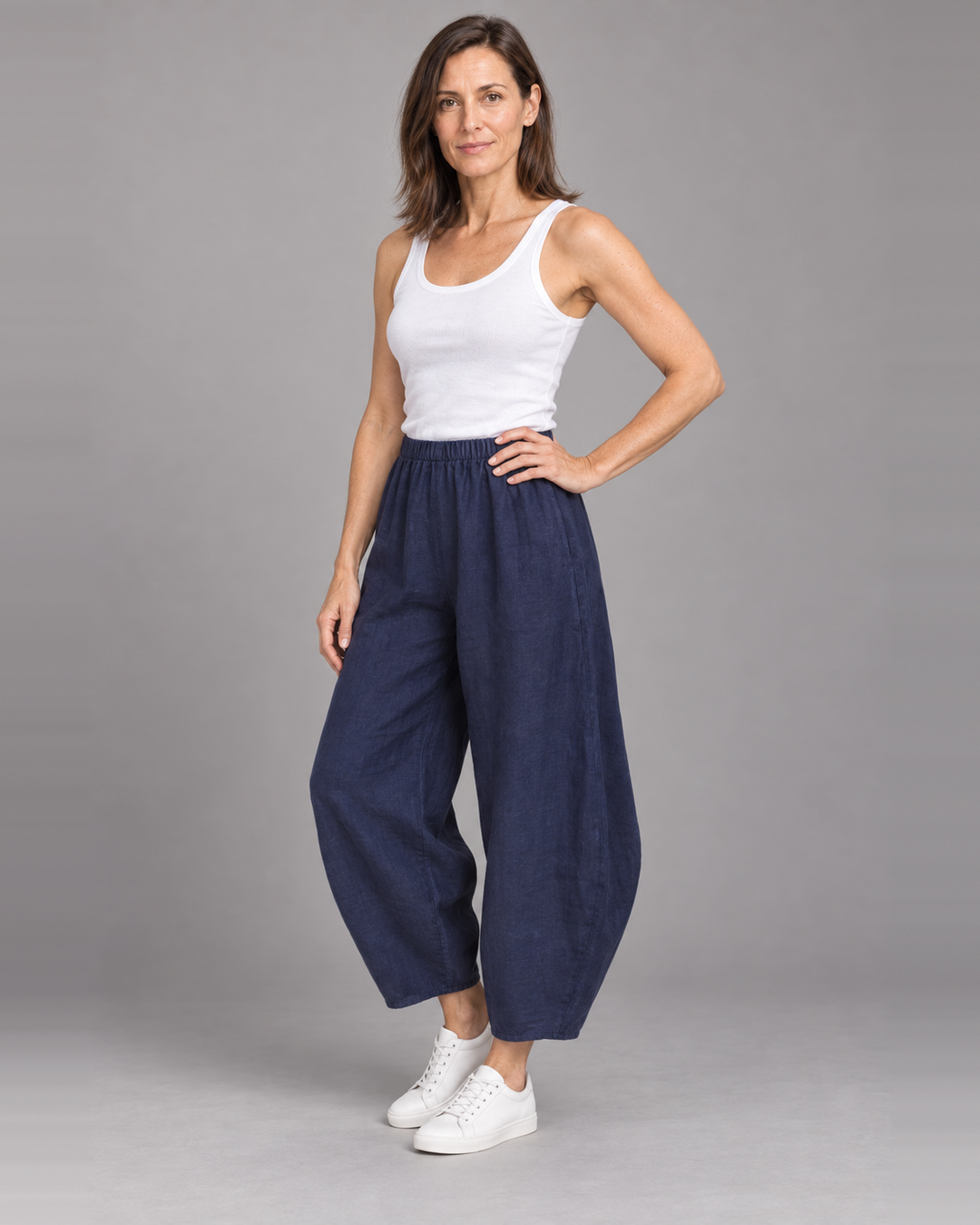 Bryn Walker Oliver Pant in Stargaze, light linen, front view on model