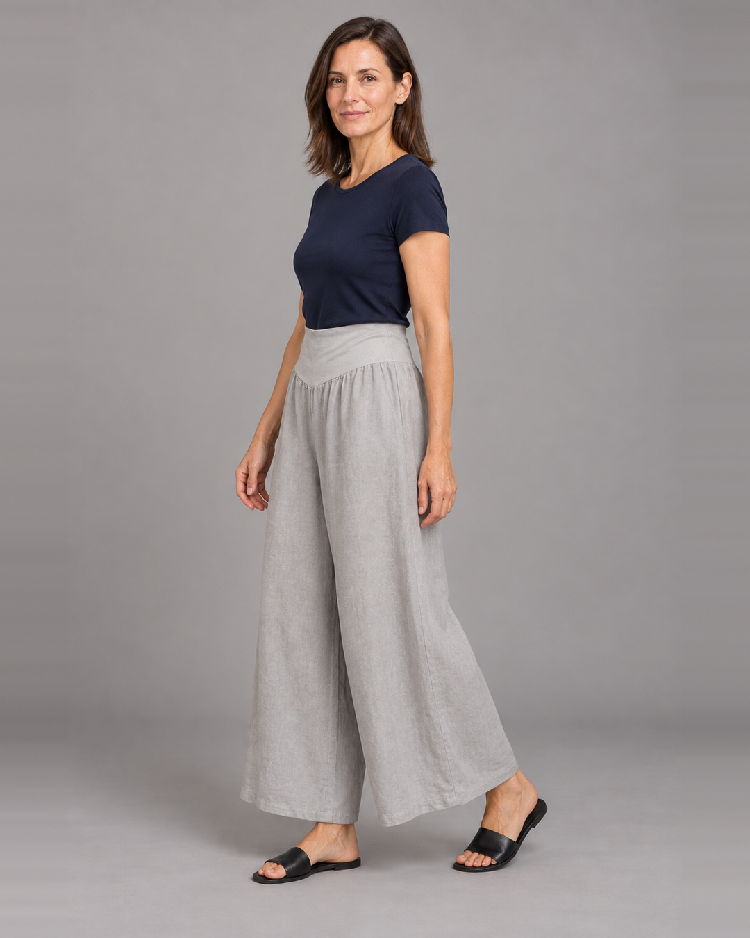 Bryn Walker Ella Pant in Nebbia, light linen, front view on model