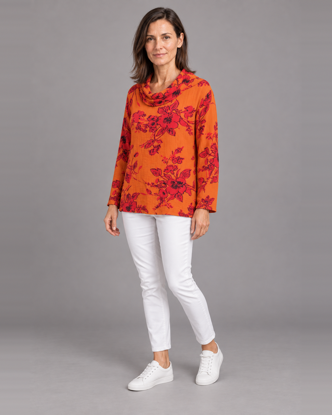 Bryn Walker Etta Shirt in Koi, print gauze, front view on model