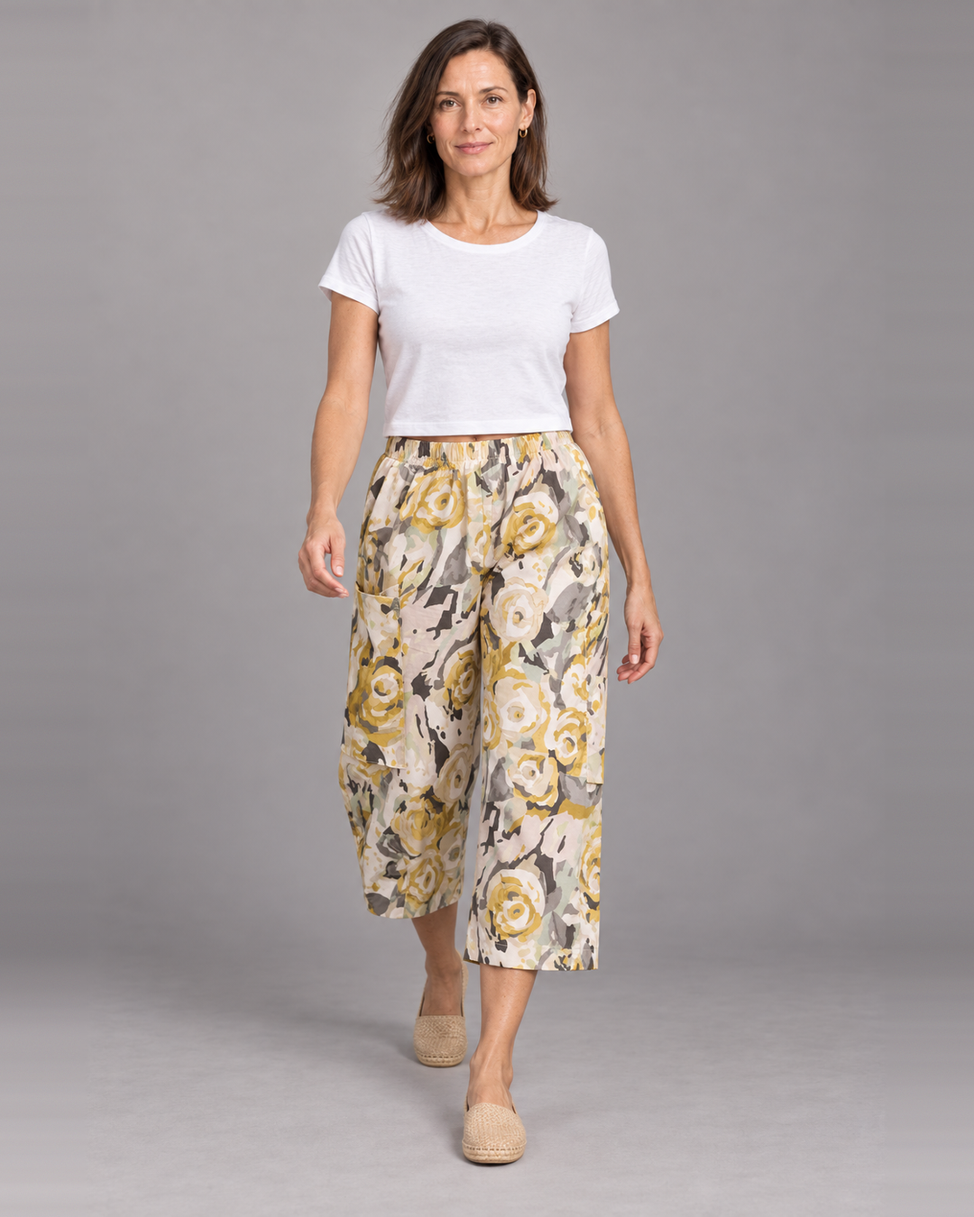 Bryn Walker Pasha Pant in Giallo, print poplin, front view on model