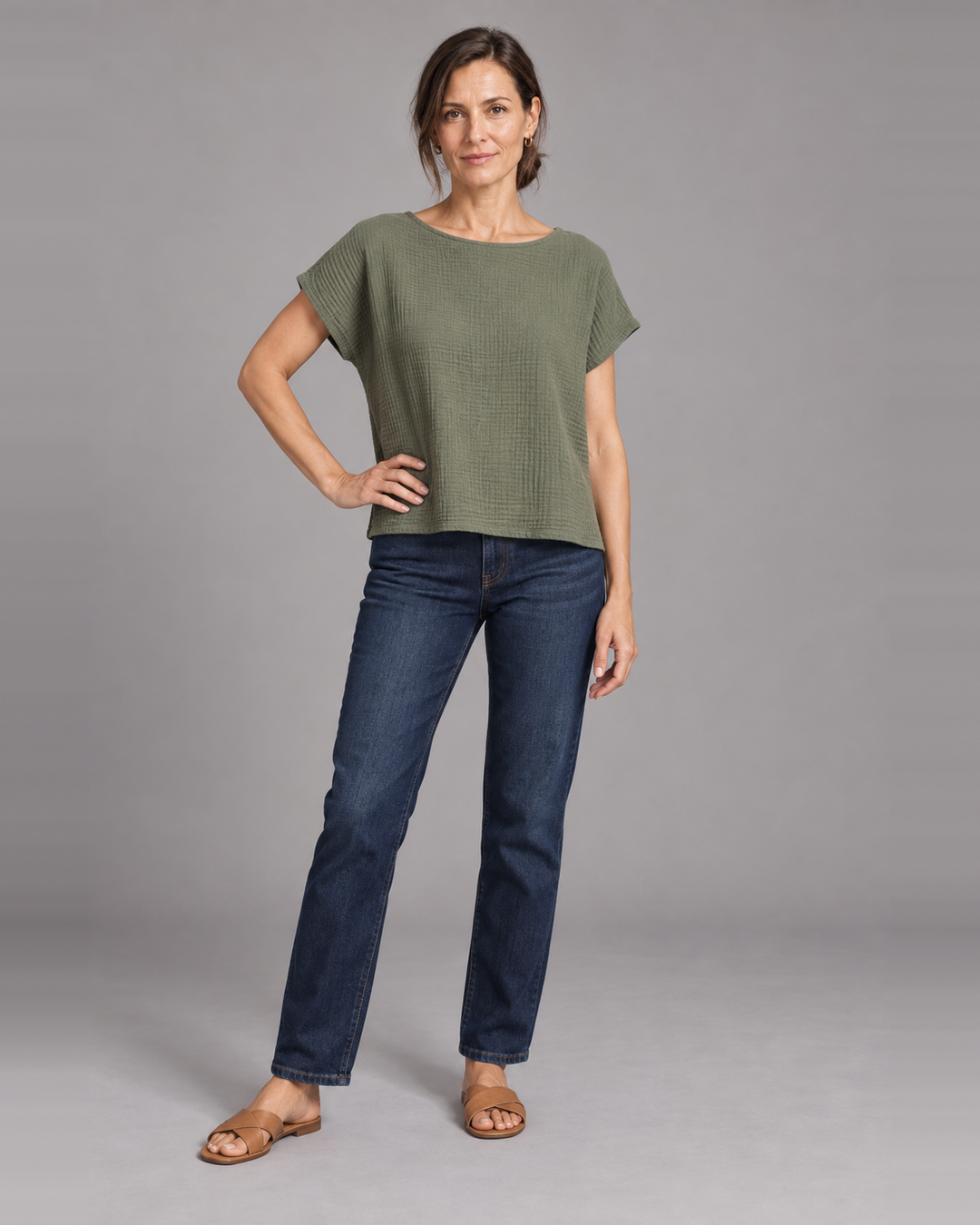 Bryn Walker Bess Shirt in Peppercorn, cotton gauze, front view on model