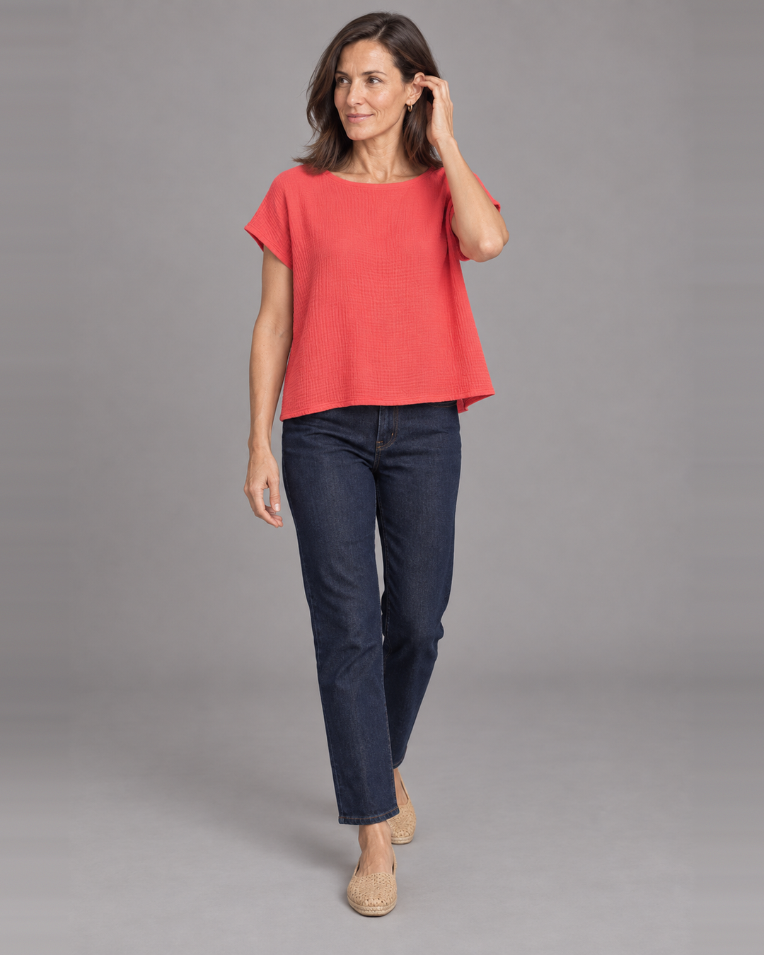 Bryn Walker Bess Shirt in Galah, cotton gauze, front view on model