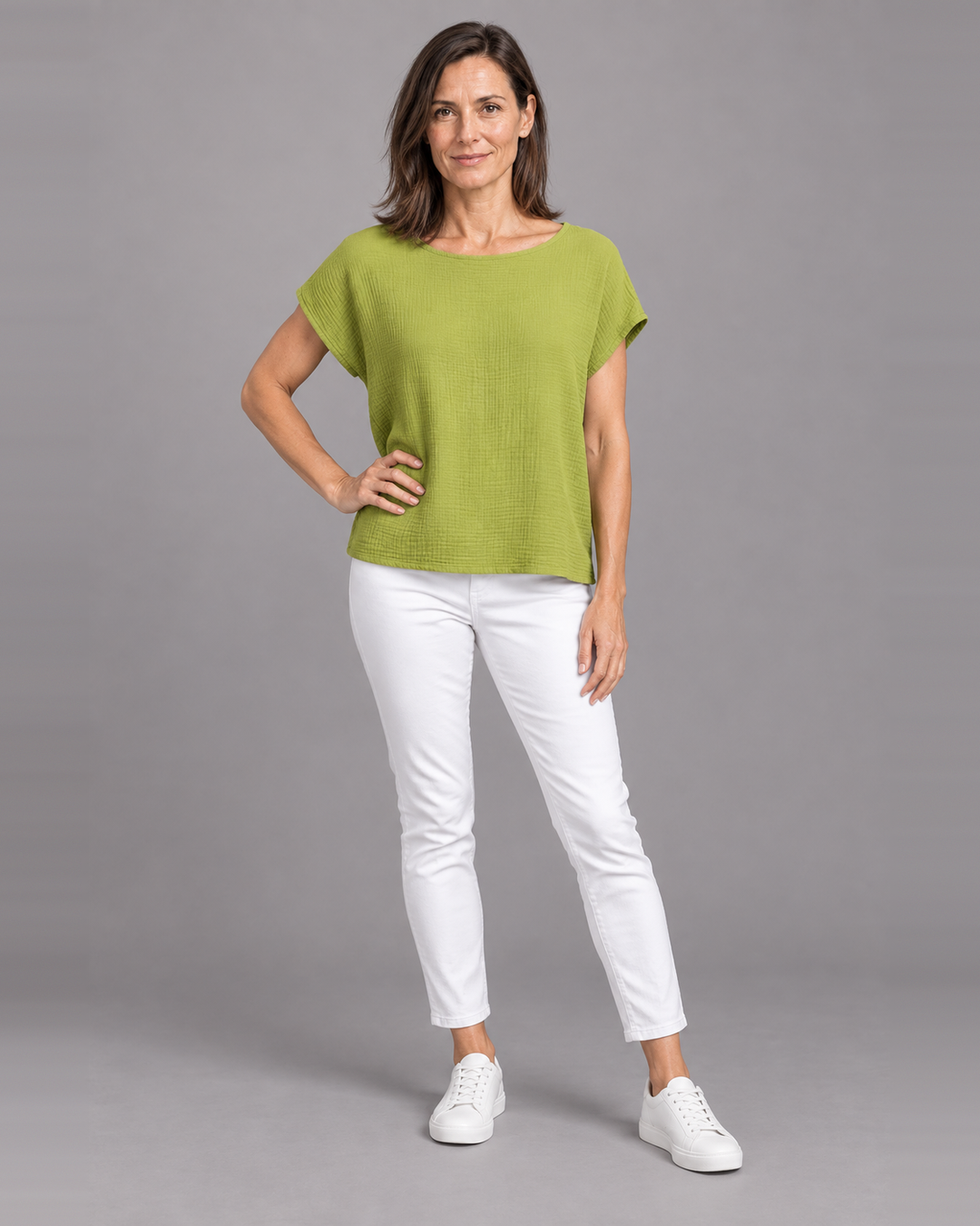 Bryn Walker Bess Shirt in Lacewing, cotton gauze, front view on model