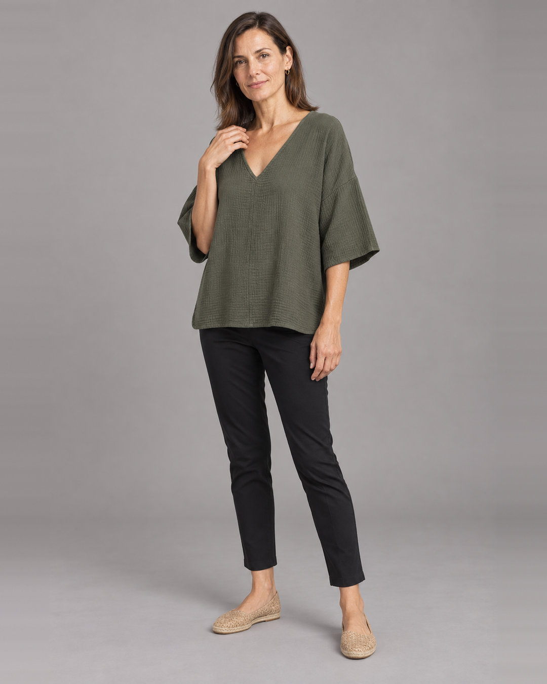 Bryn Walker Bax Shirt in Peppercorn, gauze, front view on model