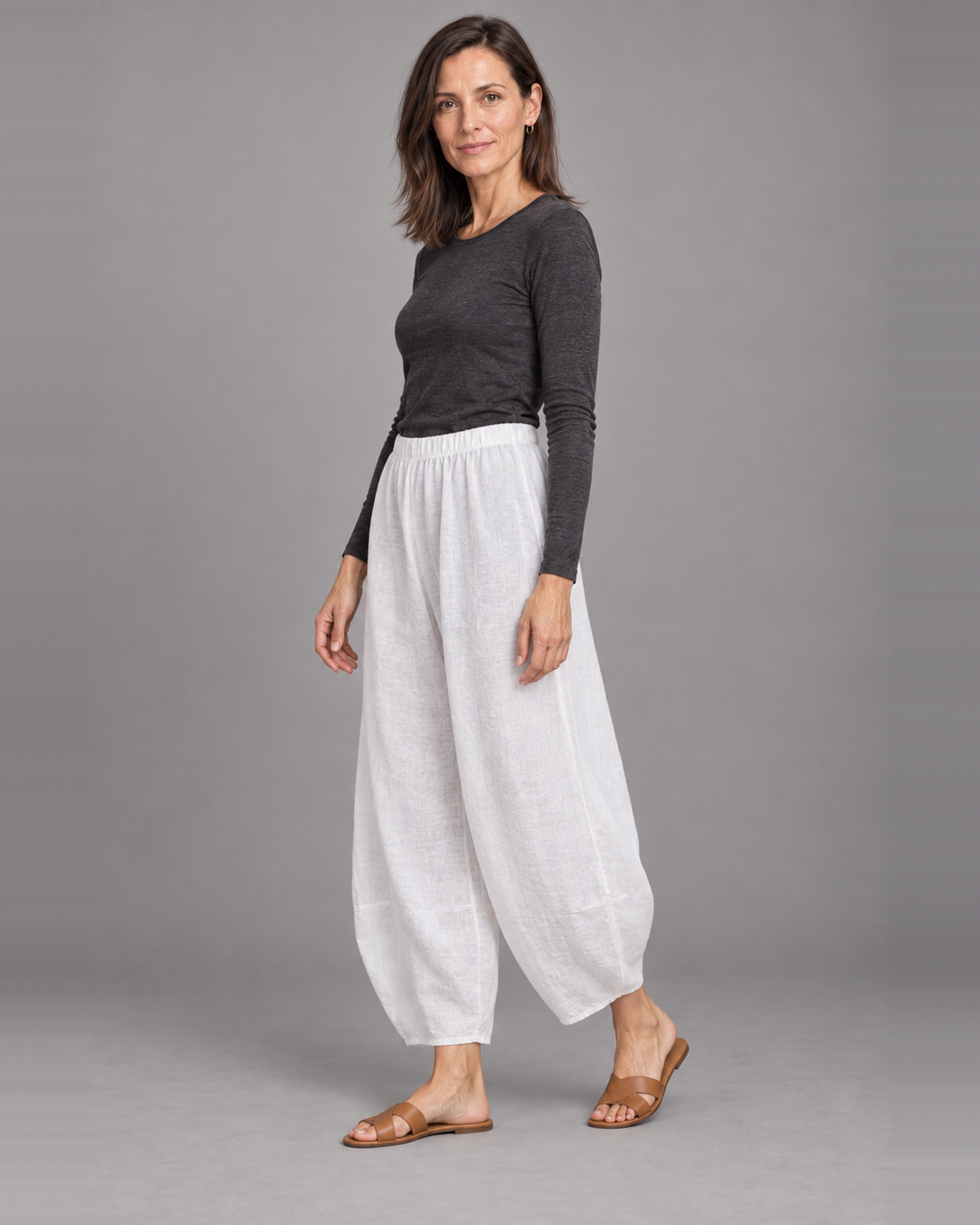 Bryn Walker Oliver Pant in White, light linen, front view on model