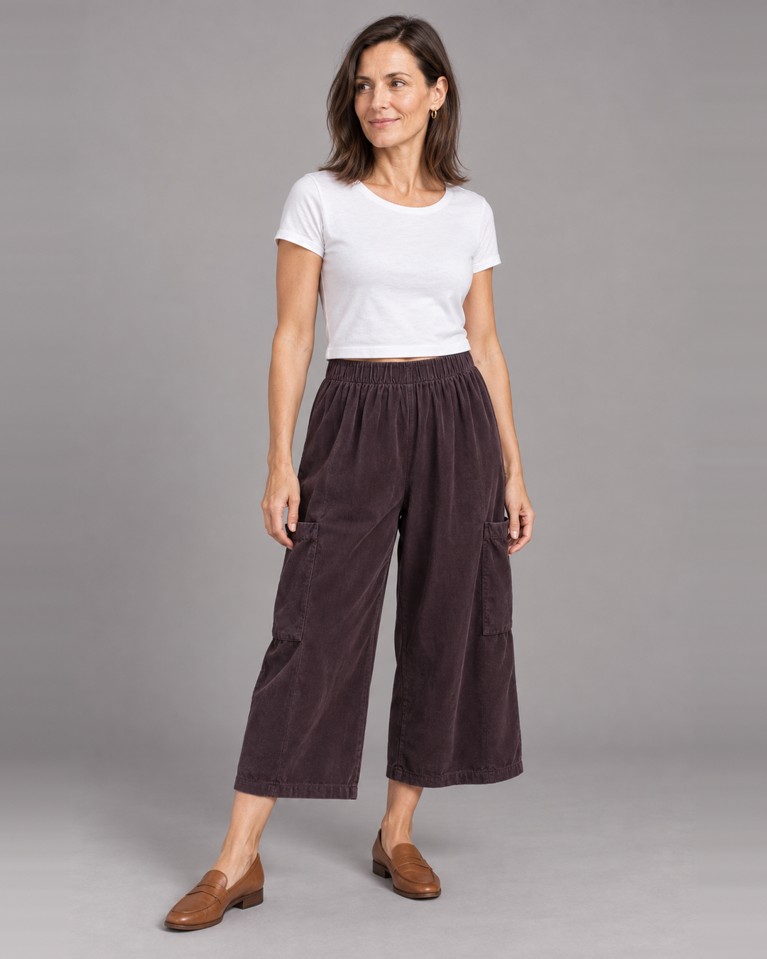 Bryn Walker Pasha Pant in Fig, granada corduroy, front view on model