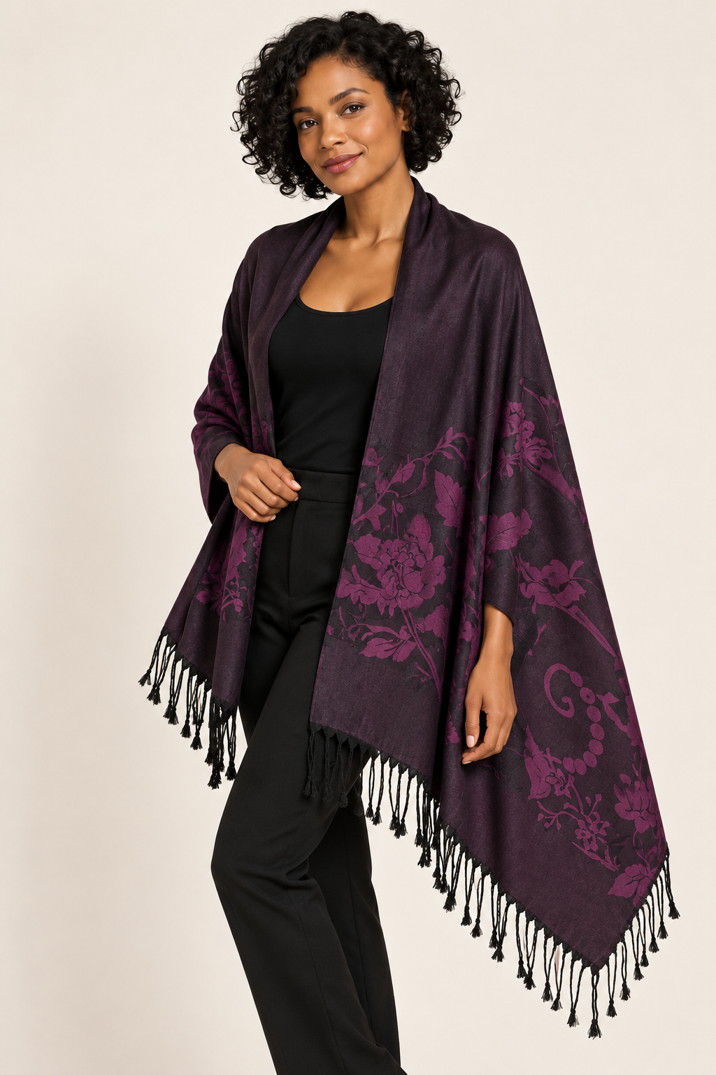 Midnight Plum Reversible Floral Pashmina