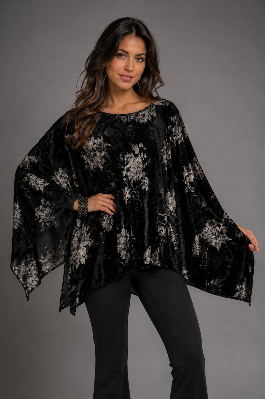 Lior Clothing - One Size Tunic Velvet Cape Floral