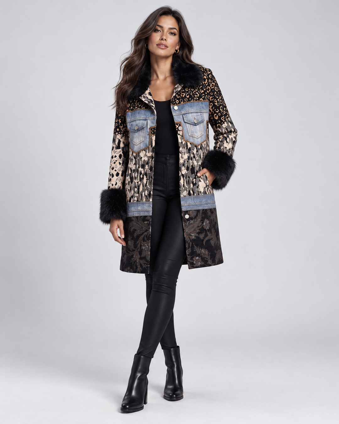 Adore Mixed Media Faux Fur Trim Jacket in Multi