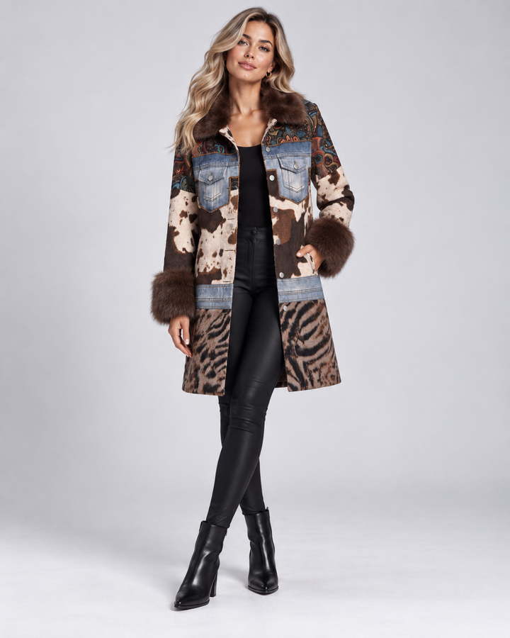 Adore Mixed Media Faux Fur Statement Coat in Brown Combo