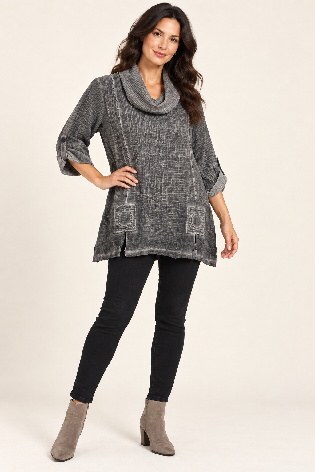 Focus Clothing - Washed Textured Cowl-Neck Artisan Tunic FINAL SALE ITEM