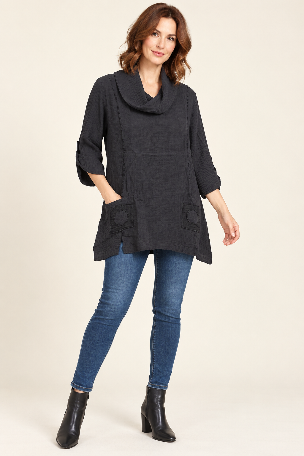 Focus Clothing - Washed Textured Cowl-Neck Artisan Tunic FINAL SALE ITEM