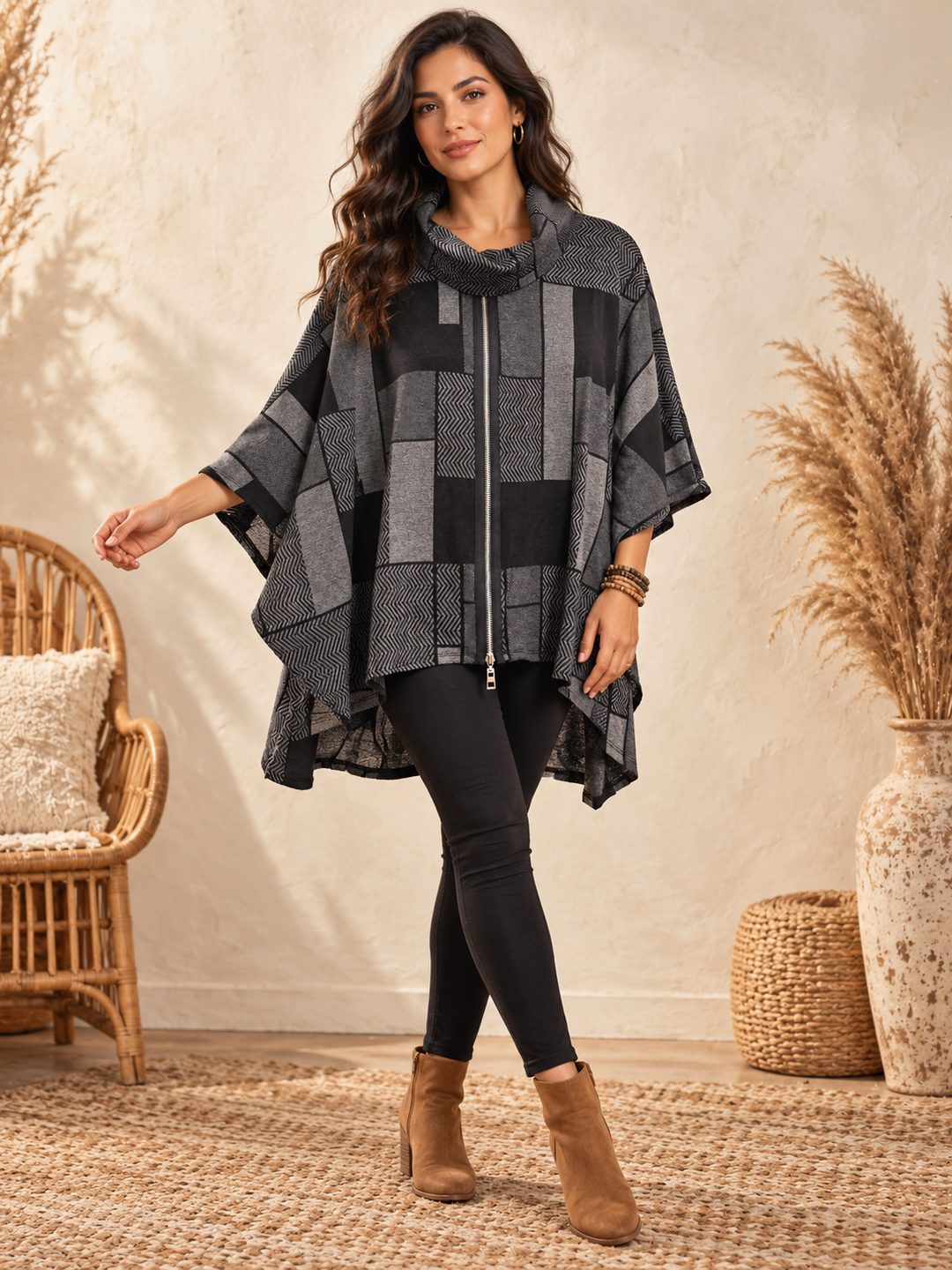 Focus Tunic - Geometric Patchwork Funnel-Neck Poncho Tunic FINAL SALE ITEM