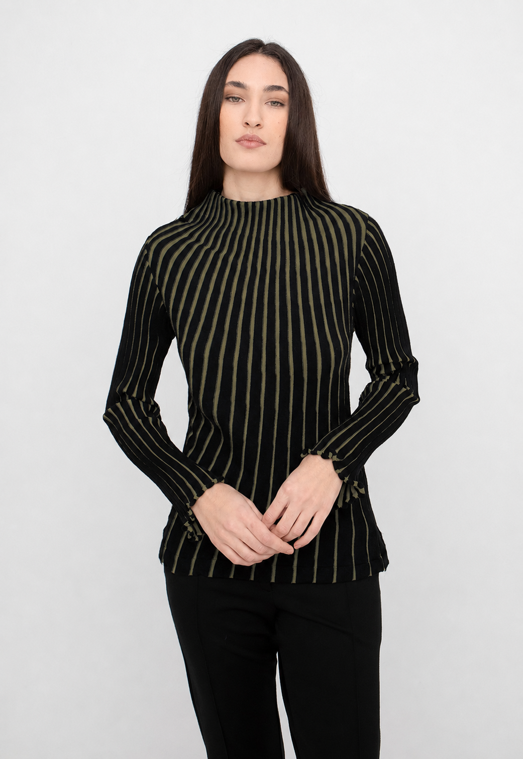 Ozai N Ku - Optic Stripe Sculpted Mock-Neck Top