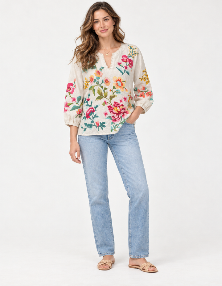 Johnny Was - Johnny Was Clothing - SPLIT NECK LINEN BLOUSE Final Sale Item